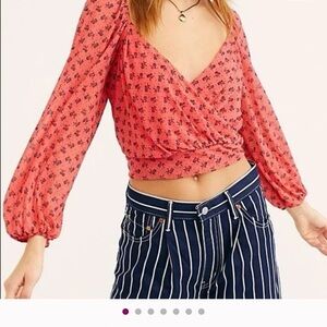 Free People Coral Floral Wrap Blouse